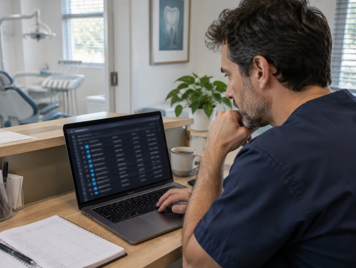 El dueño de un consultorio dental revisando su tabla de fuentes en la laptop, en la recepción